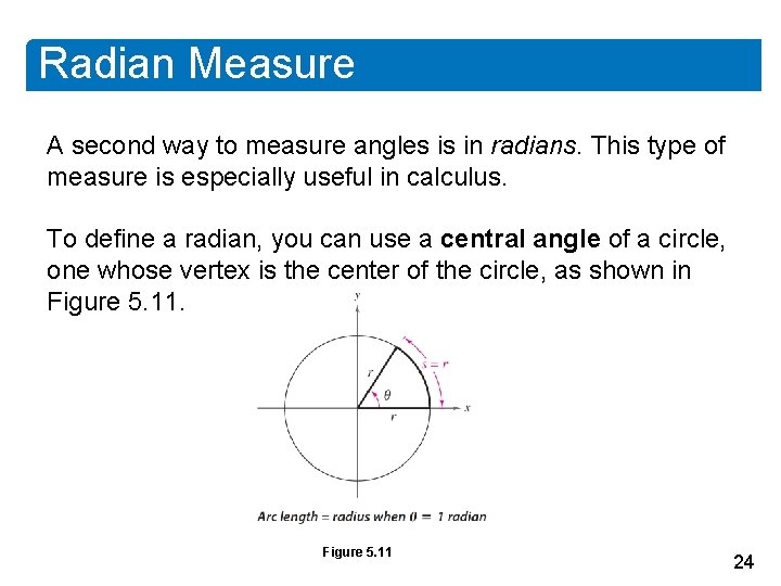 Radian Measure A second way to measure angles is in radians. This type of