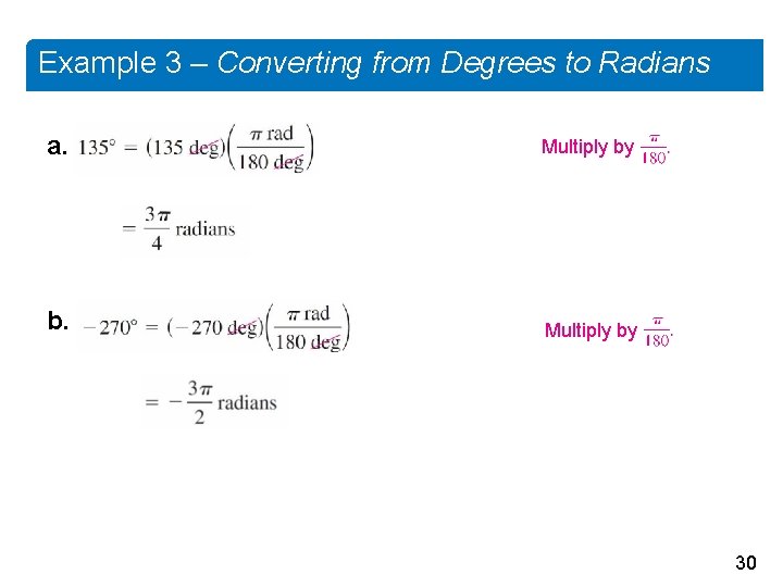 Example 3 – Converting from Degrees to Radians a. Multiply by b. Multiply by