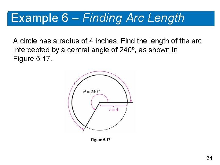 Example 6 – Finding Arc Length A circle has a radius of 4 inches.