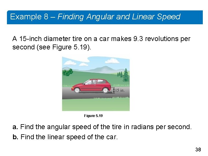 Example 8 – Finding Angular and Linear Speed A 15 -inch diameter tire on