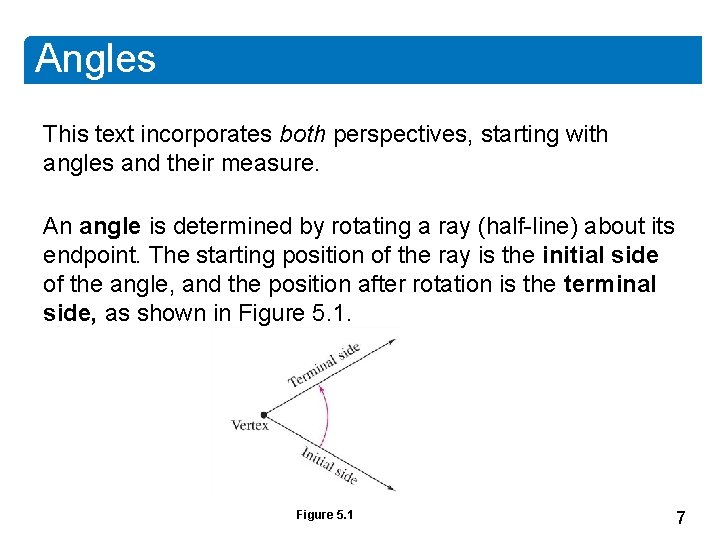 Angles This text incorporates both perspectives, starting with angles and their measure. An angle