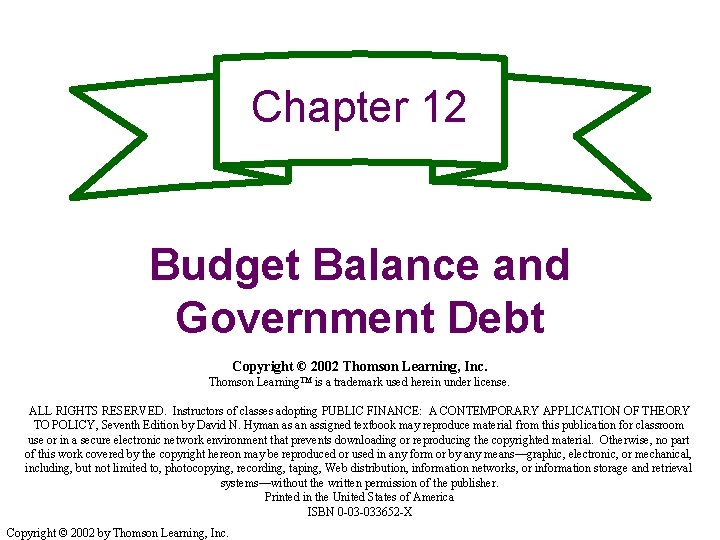 Chapter 12 Budget Balance and Government Debt Copyright © 2002 Thomson Learning, Inc. Thomson