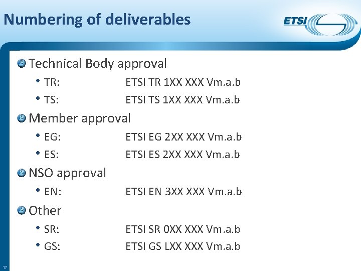 Numbering of deliverables Technical Body approval • TR: ETSI TR 1 XX XXX Vm.
