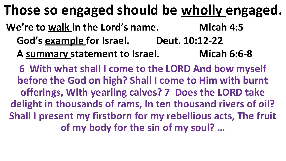 Those so engaged should be wholly engaged. We’re to walk in the Lord’s name.