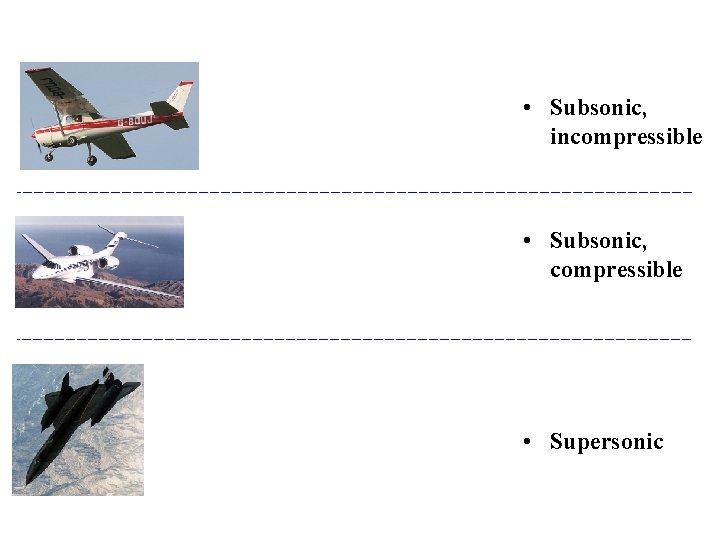  • Subsonic, incompressible • Subsonic, compressible • Supersonic 