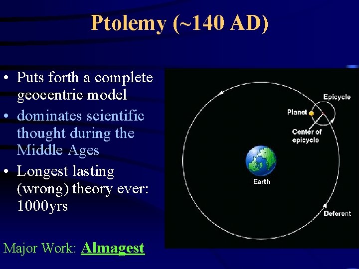 Ptolemy (~140 AD) • Puts forth a complete geocentric model • dominates scientific thought