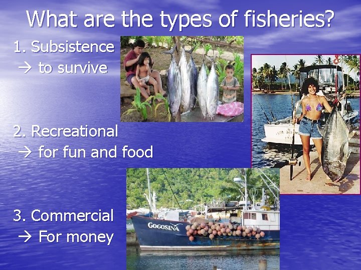 What are the types of fisheries? 1. Subsistence to survive 2. Recreational for fun