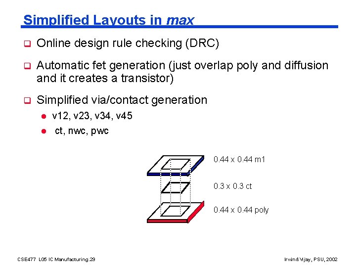 Simplified Layouts in max q Online design rule checking (DRC) q Automatic fet generation