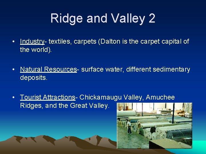 Ridge and Valley 2 • Industry- textiles, carpets (Dalton is the carpet capital of