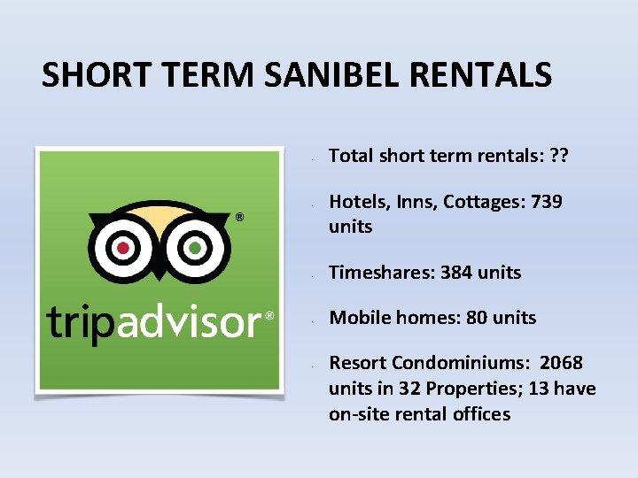 SHORT TERM SANIBEL RENTALS • • • Total short term rentals: ? ? Hotels,