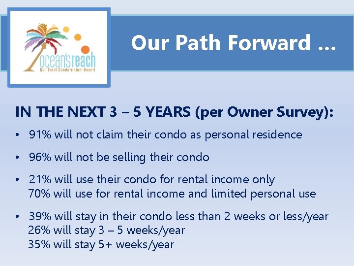 Our Path Forward … IN THE NEXT 3 – 5 YEARS (per Owner Survey):