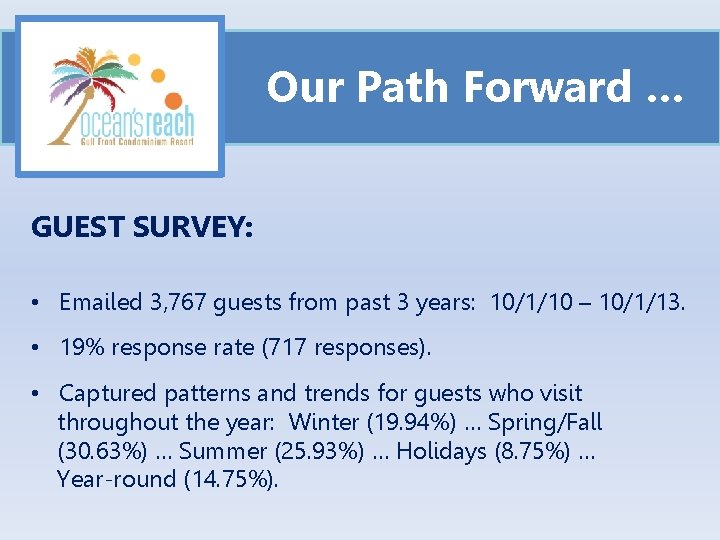 Our Path Forward … GUEST SURVEY: • Emailed 3, 767 guests from past 3