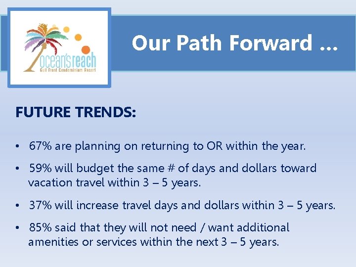 Our Path Forward … FUTURE TRENDS: • 67% are planning on returning to OR