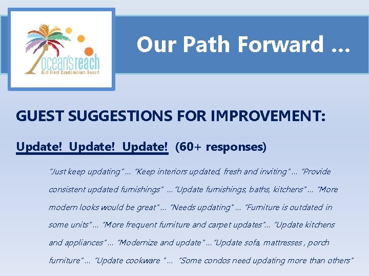 Our Path Forward … GUEST SUGGESTIONS FOR IMPROVEMENT: Update! (60+ responses) “Just keep updating”