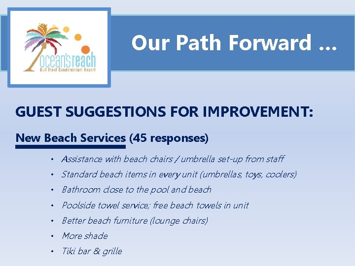 Our Path Forward … GUEST SUGGESTIONS FOR IMPROVEMENT: New Beach Services (45 responses) •