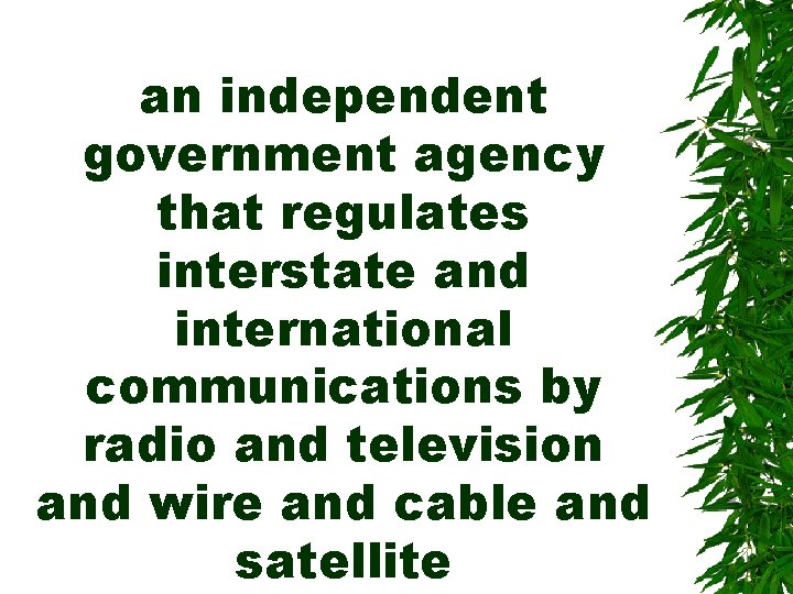 an independent government agency that regulates interstate and international communications by radio and television an independent government agency that regulates interstate and international communications by radio and television