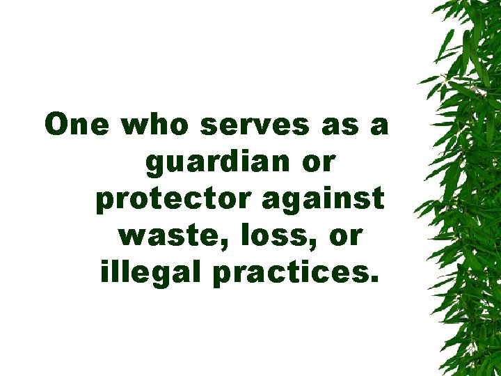 One who serves as a guardian or protector against waste, loss, or illegal practices. One who serves as a guardian or protector against waste, loss, or illegal practices.