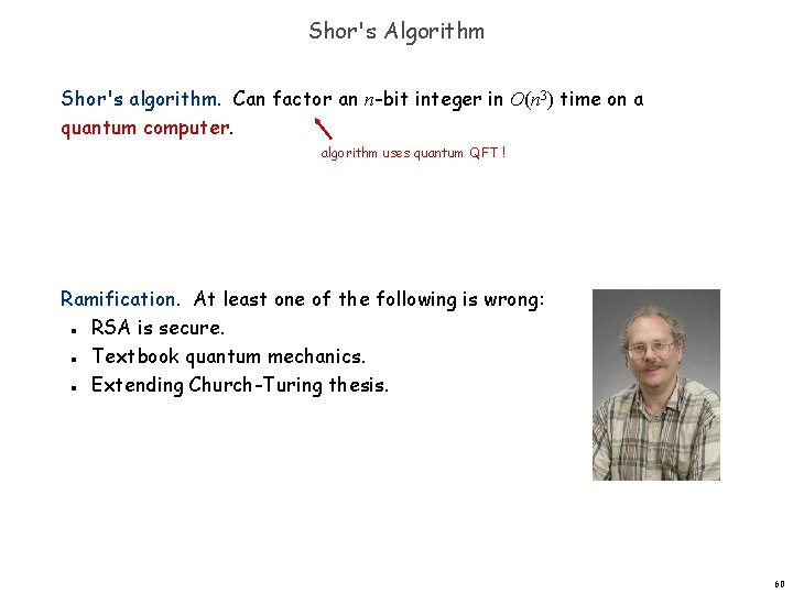 Shor's Algorithm Shor's algorithm. Can factor an n-bit integer in O(n 3) time on