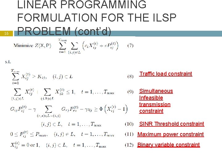 16 LINEAR PROGRAMMING FORMULATION FOR THE ILSP PROBLEM (cont’d) Traffic load constraint Simultaneous Infeasible
