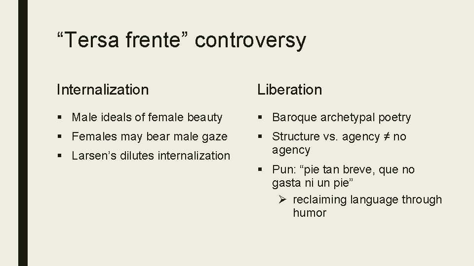 “Tersa frente” controversy Internalization Liberation § Male ideals of female beauty § Baroque archetypal