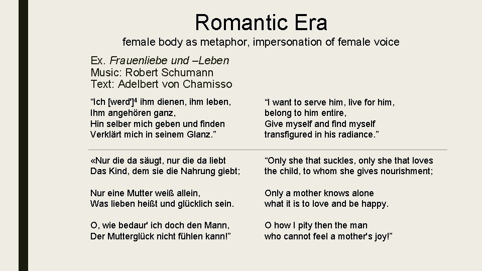 Romantic Era female body as metaphor, impersonation of female voice Ex. Frauenliebe und –Leben