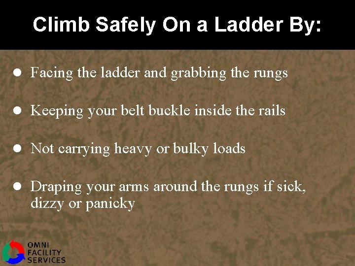 Climb Safely On a Ladder By: l Facing the ladder and grabbing the rungs