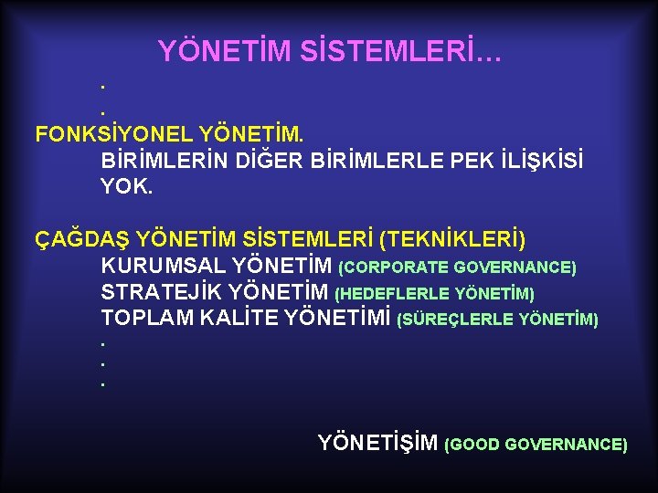 YÖNETİM SİSTEMLERİ…. . FONKSİYONEL YÖNETİM. BİRİMLERİN DİĞER BİRİMLERLE PEK İLİŞKİSİ YOK. ÇAĞDAŞ YÖNETİM SİSTEMLERİ