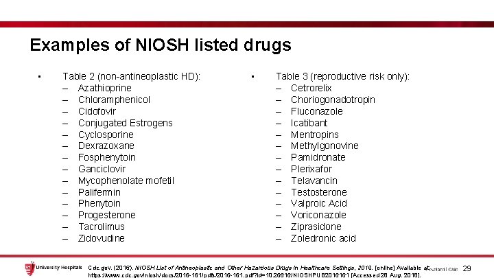 Examples of NIOSH listed drugs • Table 2 (non-antineoplastic HD): – Azathioprine – Chloramphenicol
