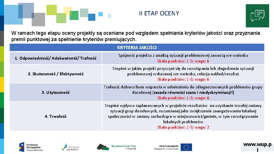 II ETAP OCENY W ramach tego etapu oceny projekty są oceniane pod względem spełniania