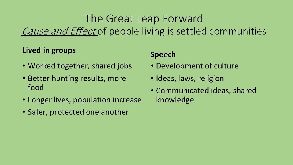 The Great Leap Forward Cause and Effect of people living is settled communities Lived