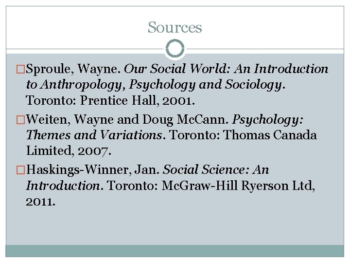 Sources �Sproule, Wayne. Our Social World: An Introduction to Anthropology, Psychology and Sociology. Toronto:
