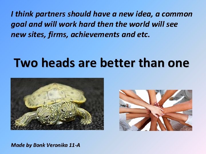 I think partners should have a new idea, a common goal and will work