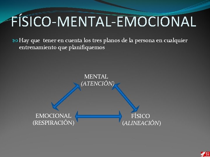 FÍSICO-MENTAL-EMOCIONAL Hay que tener en cuenta los tres planos de la persona en cualquier