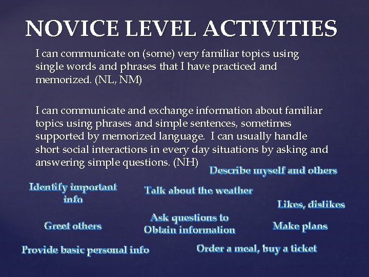 NOVICE LEVEL ACTIVITIES I can communicate on (some) very familiar topics usingle words and