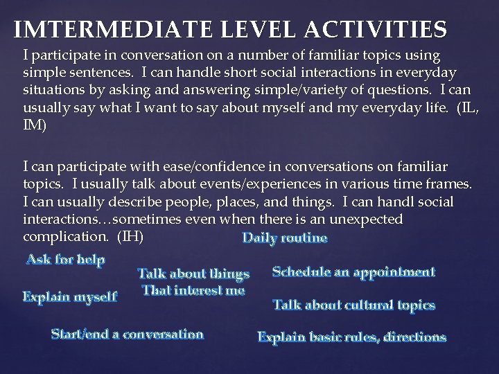 IMTERMEDIATE LEVEL ACTIVITIES I participate in conversation on a number of familiar topics using