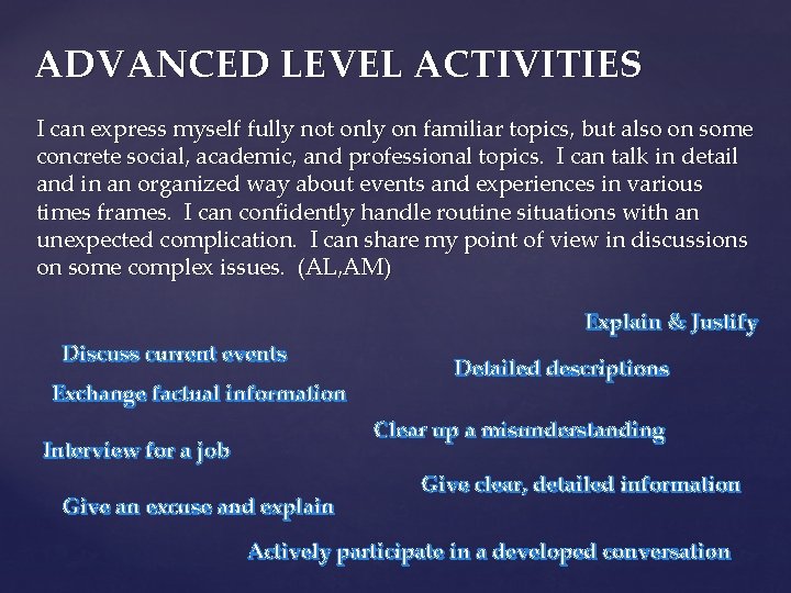 ADVANCED LEVEL ACTIVITIES I can express myself fully not only on familiar topics, but