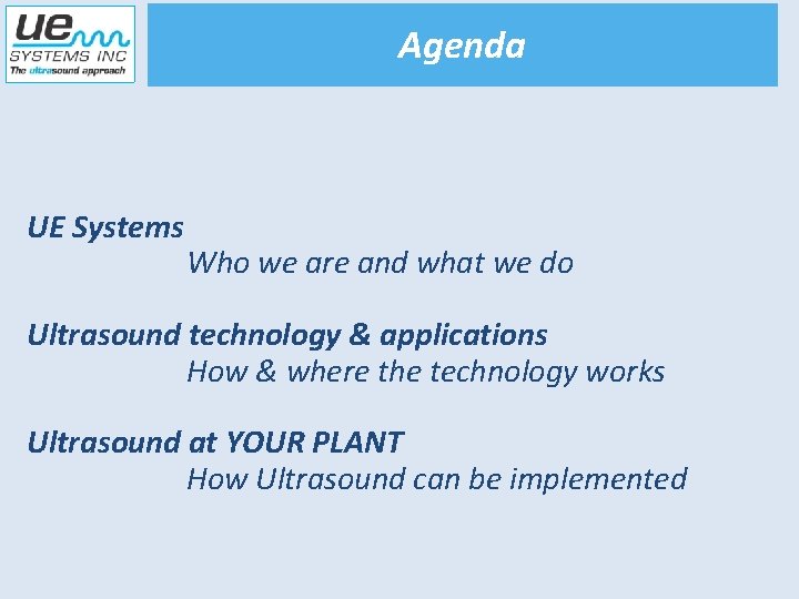 Agenda UE Systems Who we are and what we do Ultrasound technology & applications