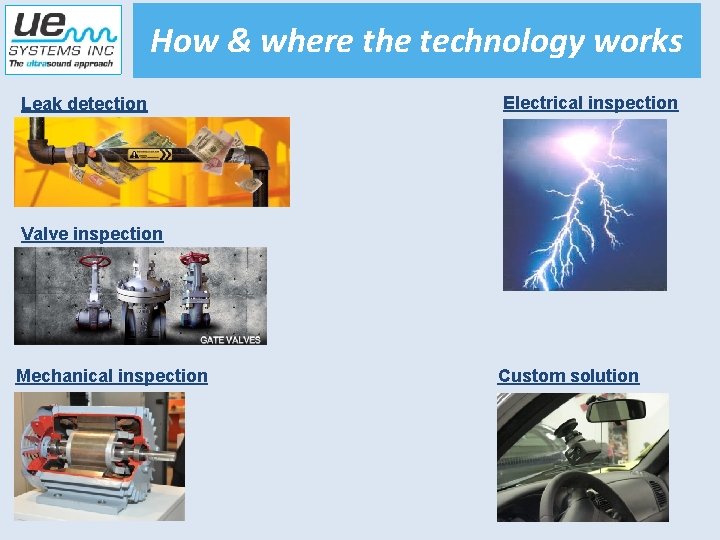 How & where the technology works Leak detection Electrical inspection Valve inspection Mechanical inspection