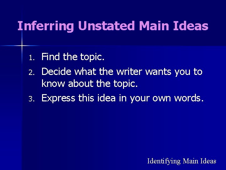 Inferring Unstated Main Ideas 1. 2. 3. Find the topic. Decide what the writer
