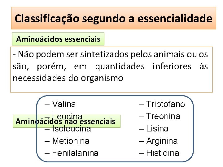 Classificação segundo a essencialidade Aminoácidos essenciais - Não podem ser sintetizados pelos animais ou