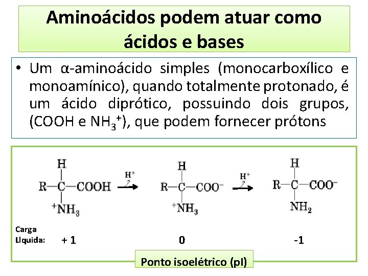 Aminoácidos podem atuar como ácidos e bases • Um α-aminoácido simples (monocarboxílico e monoamínico),