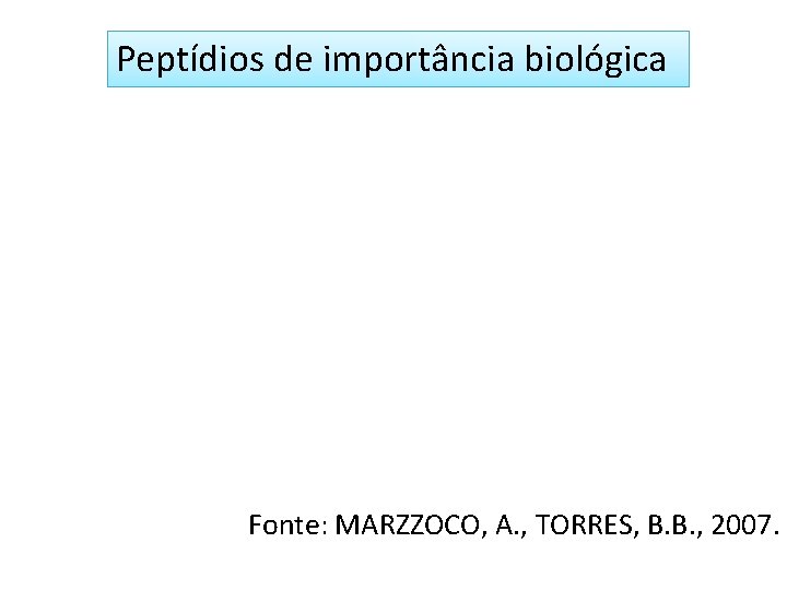 Peptídios de importância biológica Fonte: MARZZOCO, A. , TORRES, B. B. , 2007. 