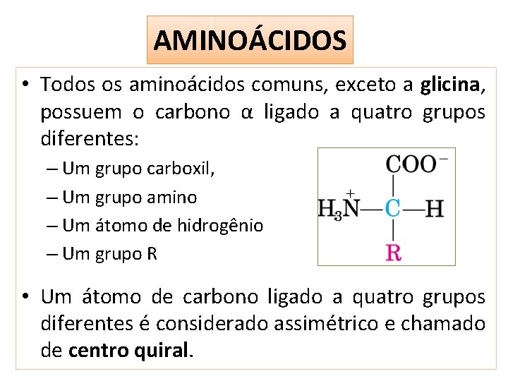 AMINOÁCIDOS • Todos os aminoácidos comuns, exceto a glicina, possuem o carbono α ligado