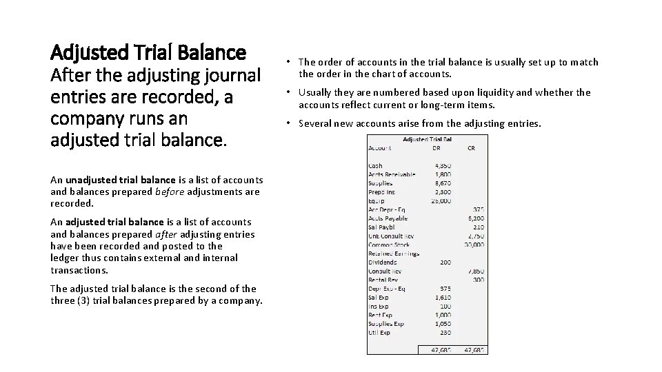 Adjusted Trial Balance After the adjusting journal entries are recorded, a company runs an