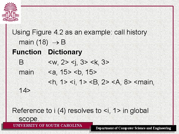 Using Figure 4. 2 as an example: call history main (18) B Function Dictionary
