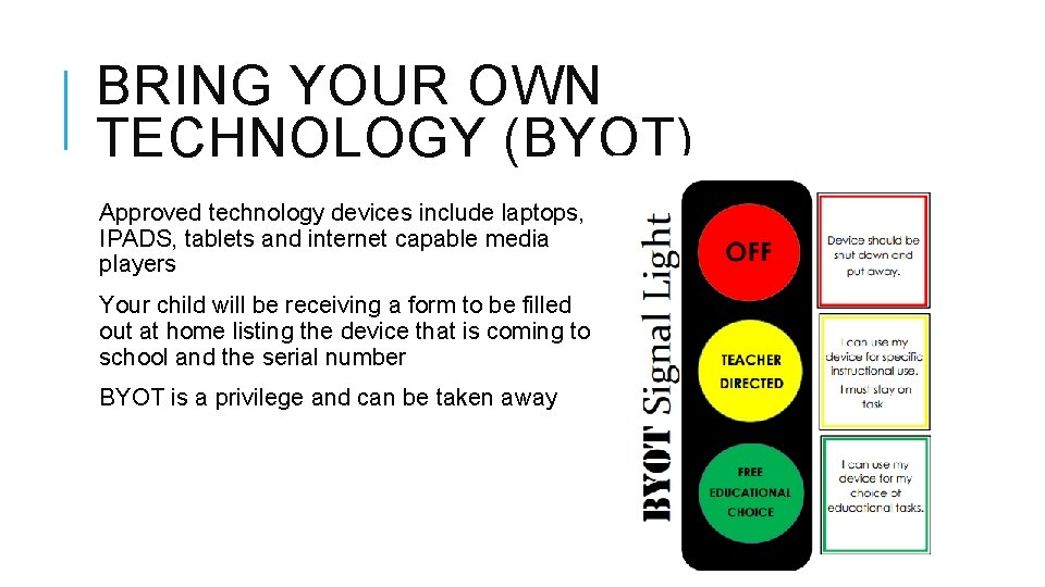 BRING YOUR OWN TECHNOLOGY (BYOT) Approved technology devices include laptops, IPADS, tablets and internet