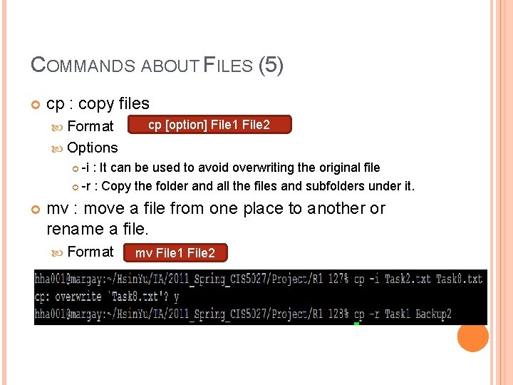 COMMANDS ABOUT FILES (5) cp : copy files Format cp [option] File 1 File