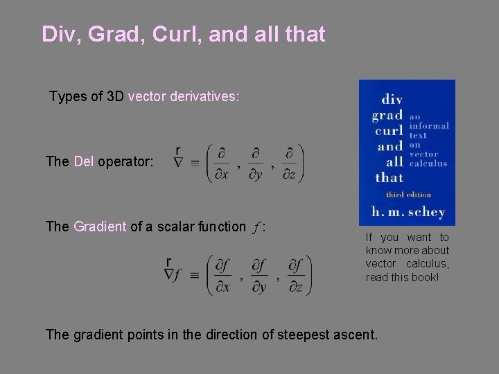 Div, Grad, Curl, and all that Types of 3 D vector derivatives: The Del