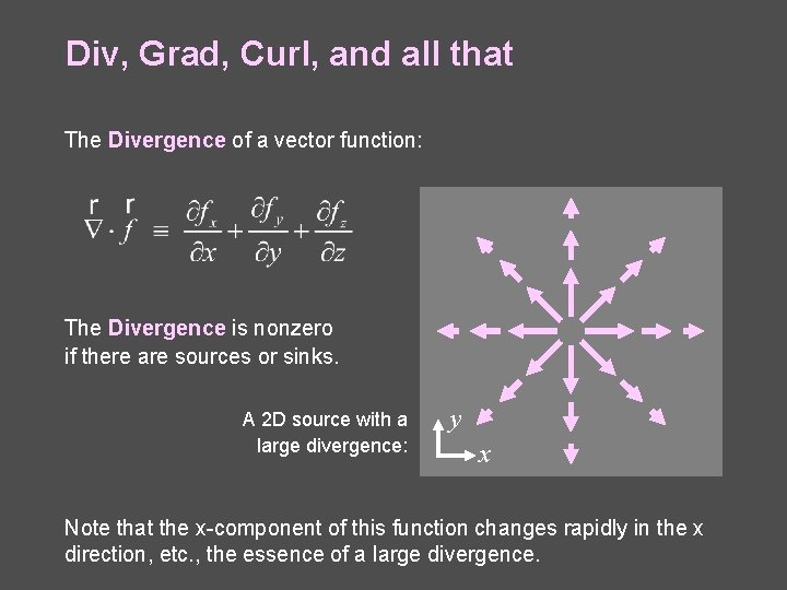 Div, Grad, Curl, and all that The Divergence of a vector function: The Divergence