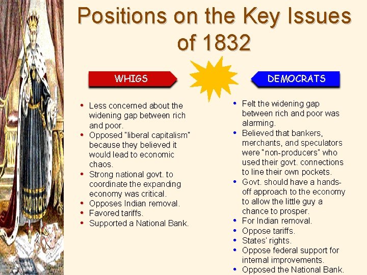Positions on the Key Issues of 1832 WHIGS DEMOCRATS • Less concerned about the